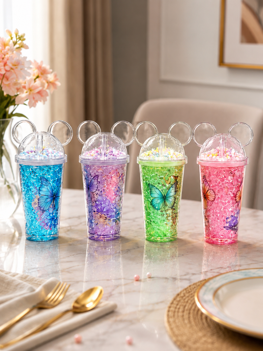 Magic Frost Ice-Gel Sipper Bottle with Mickey Ears Dome Lid & Straw | Double-Walled Butterfly Print Cooling Tumbler for Summer Drinks