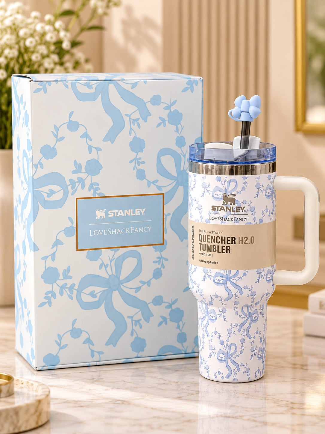 Stanley x LoveShackFancy Blue Bow Quencher H2.0 Tumbler 40 oz