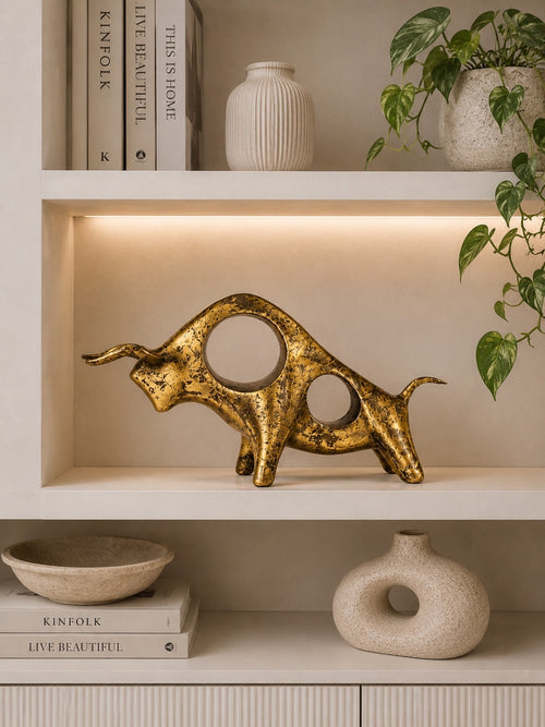 Abstract Golden Bull Sculpture | Modern Resin Bull Statue | Luxury Animal Showpiece for Home & Office Décor