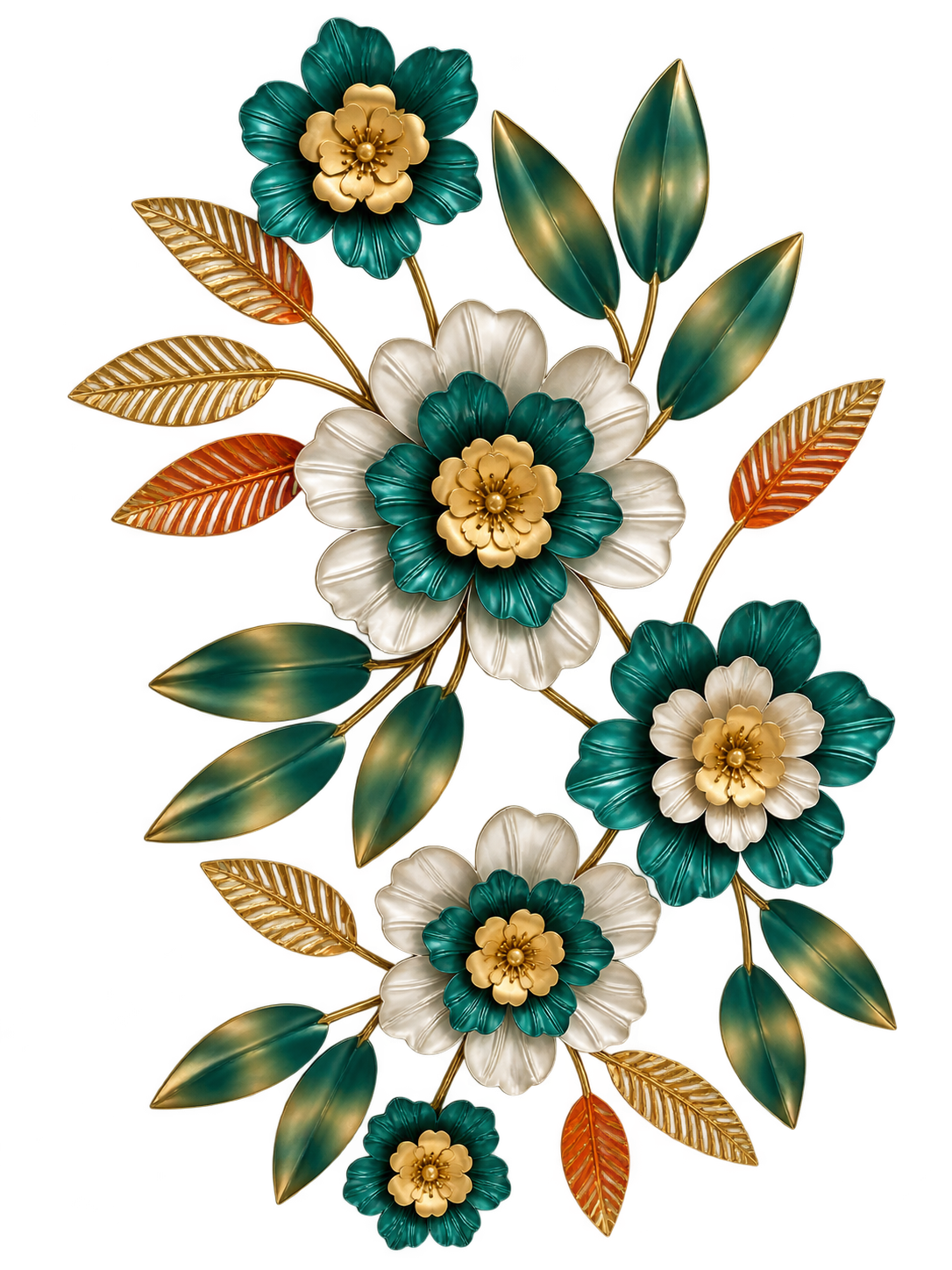 Luxury Teal & Gold Floral Metal Wall Art – Elegant Botanical Decorative Wall Décor