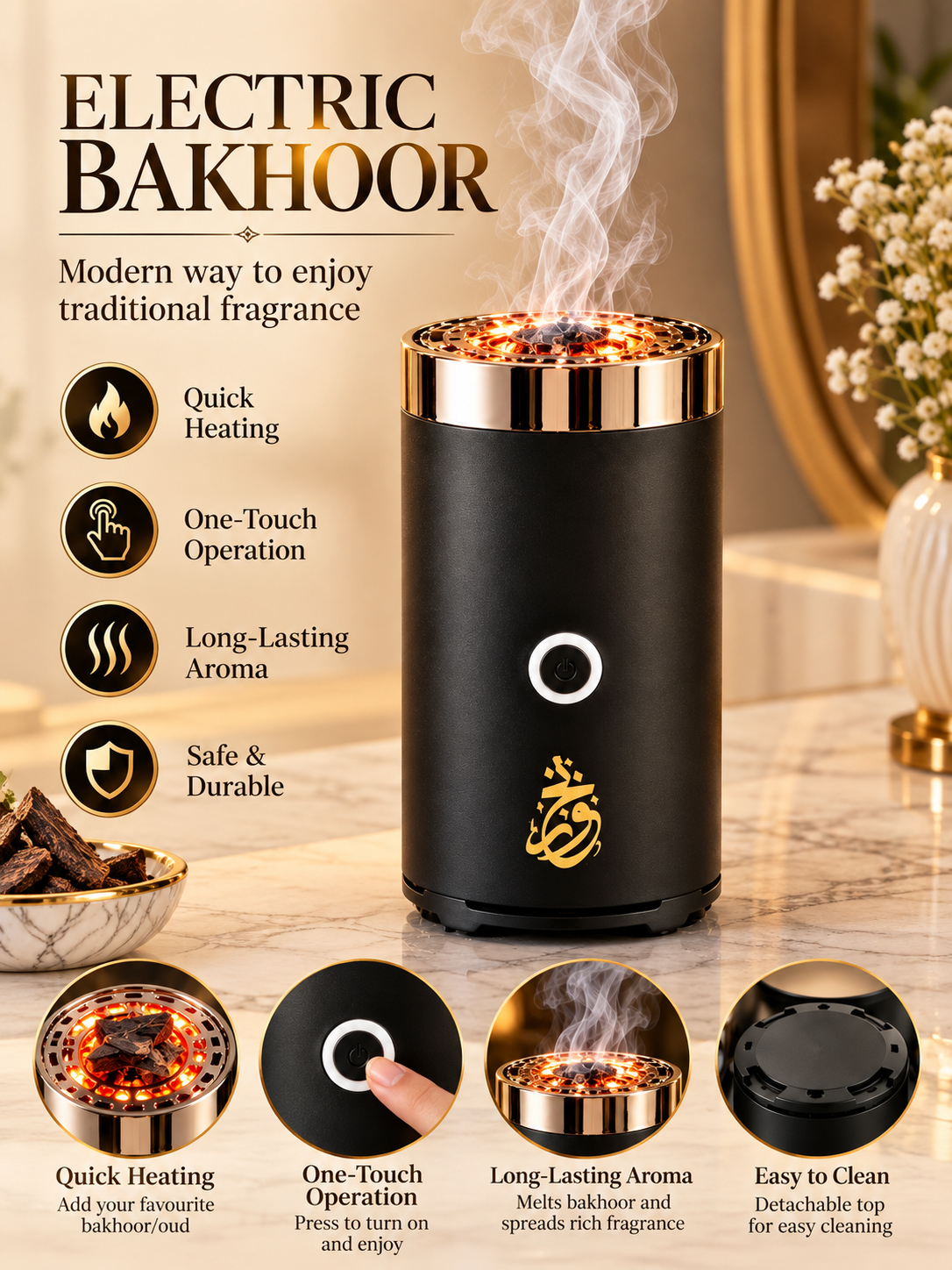 Electric Bakhoor Burner – Black & Gold Automatic Incense Oud Heater for Home and Office