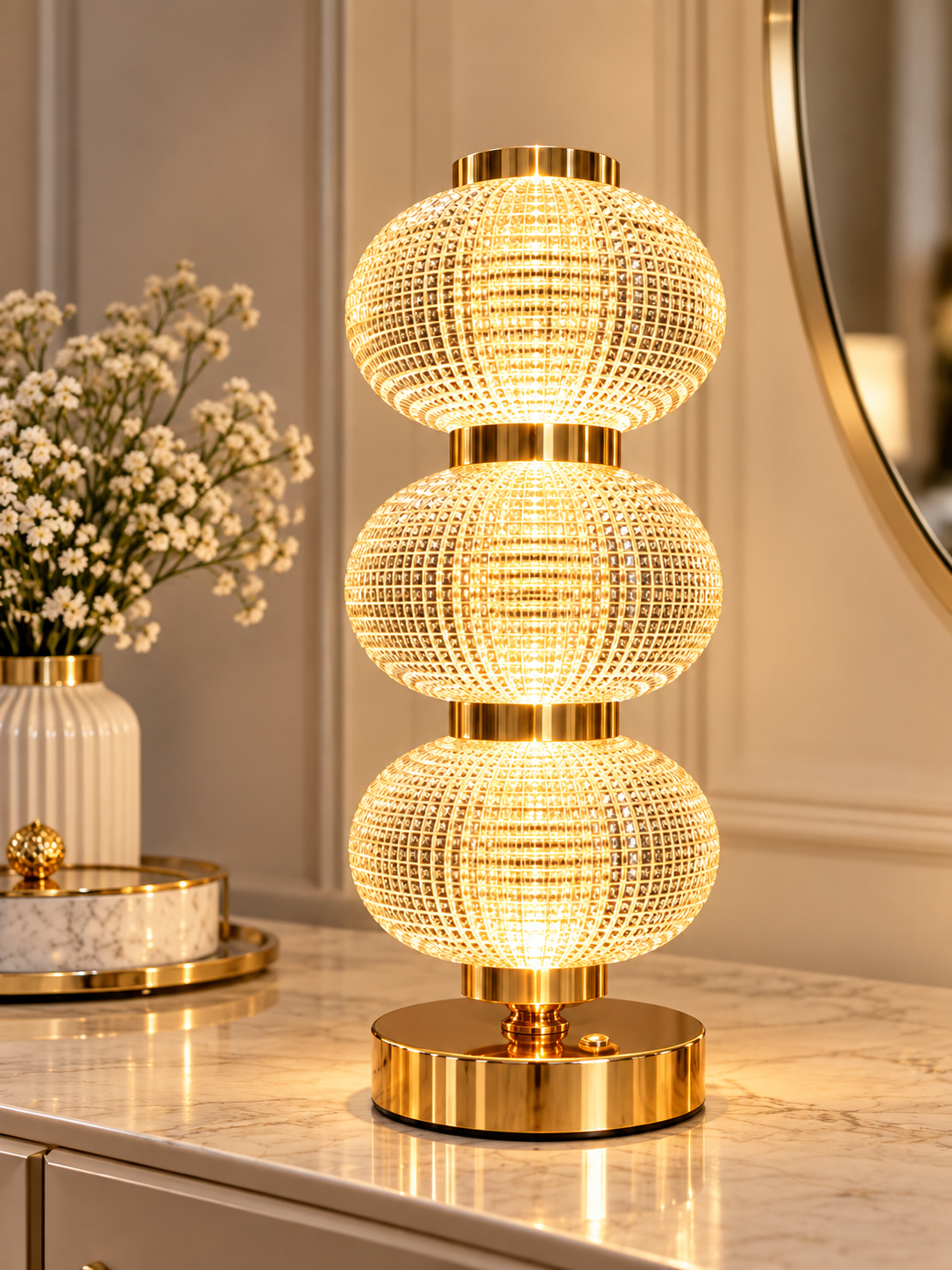 Luxury Triple Acrylic+Crystal Globe Table Lamp – Gold Finish Decorative LED Lamp