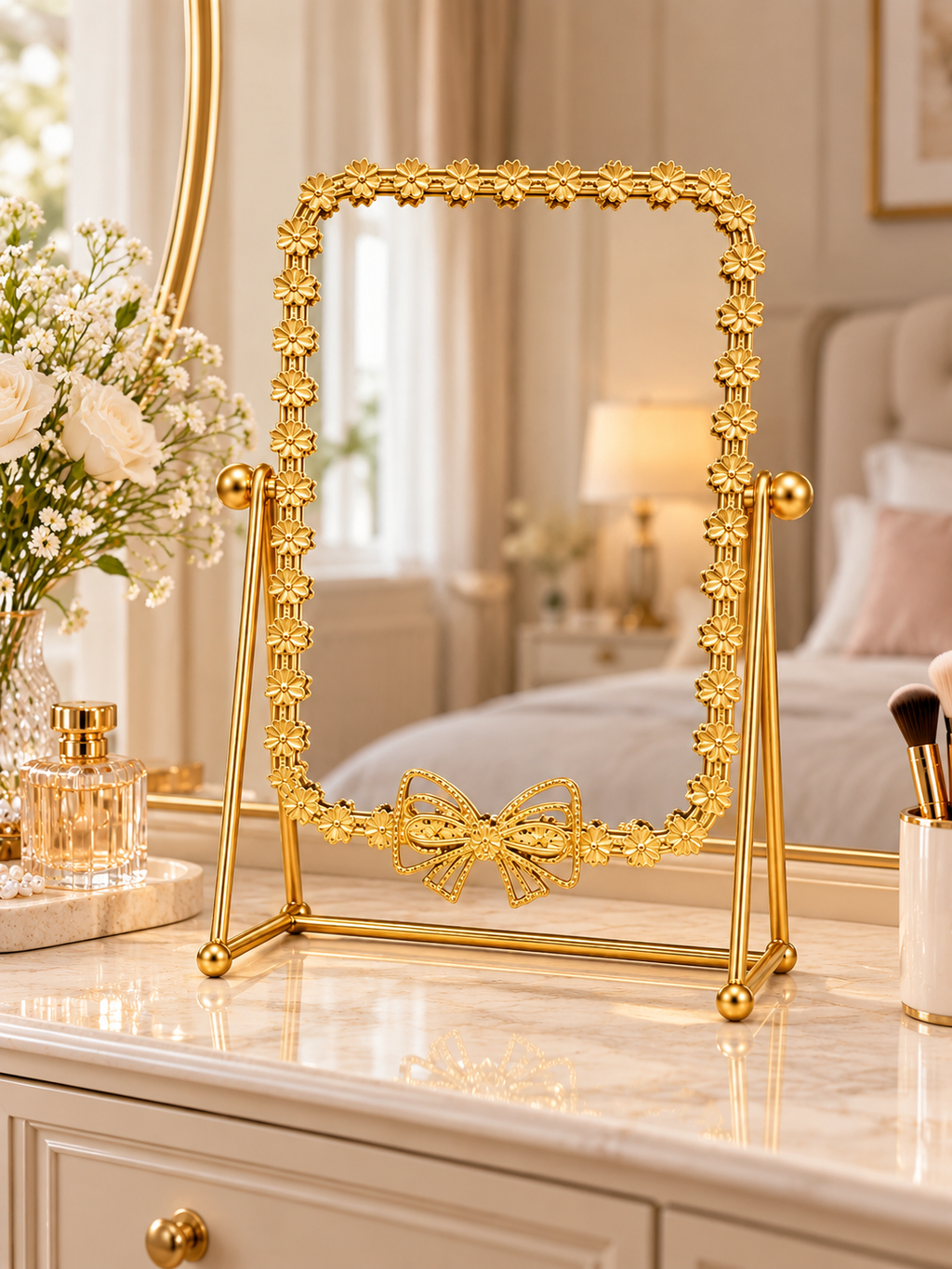 Luxury Gold Floral Tabletop Vanity Mirror with Decorative Bow Frame – Elegant Dressing Table Mirror