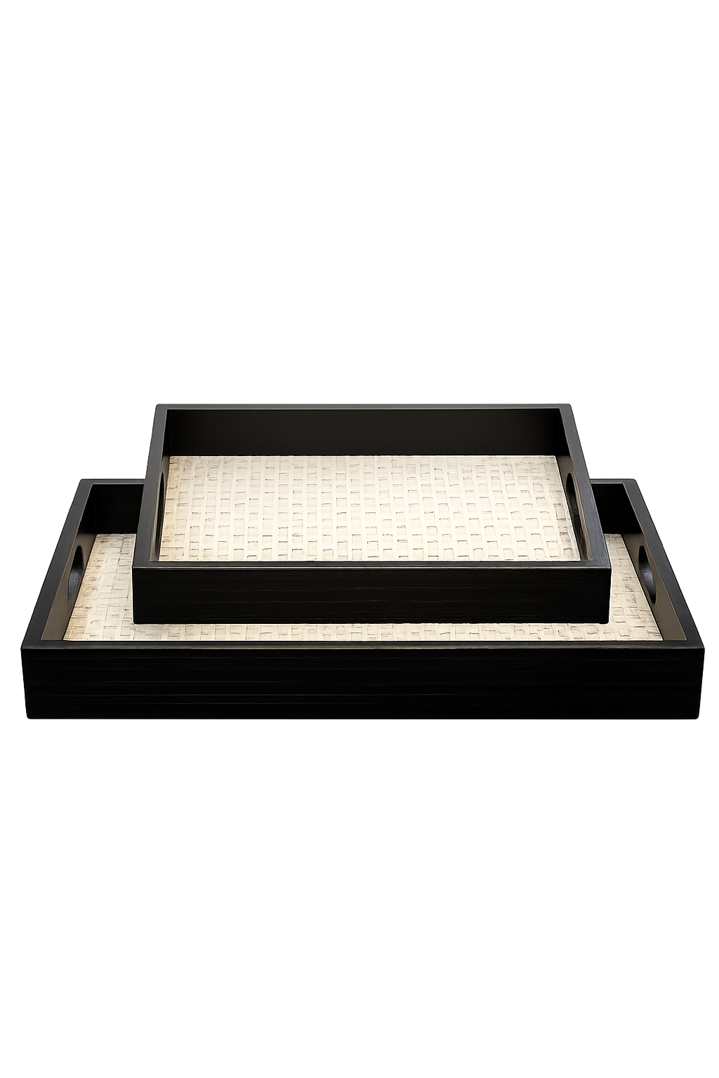 Set of 2 Black Wooden Serving Trays with Woven Rattan Base | Decorative & Serving Tray Set