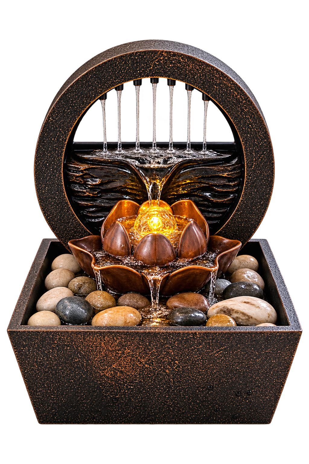 Luxury Lotus Water Fountain with Cascading Waterfall, LED Light & Decorative Stones
