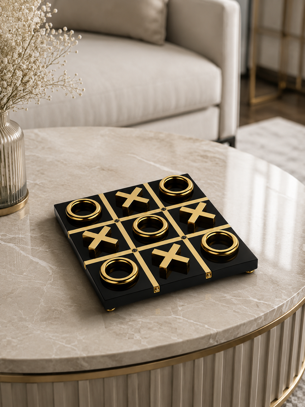 Luxury Tic Tac Toe Decorative Game Set | Modern Coffee Table Décor | Black & White with Gold Finish