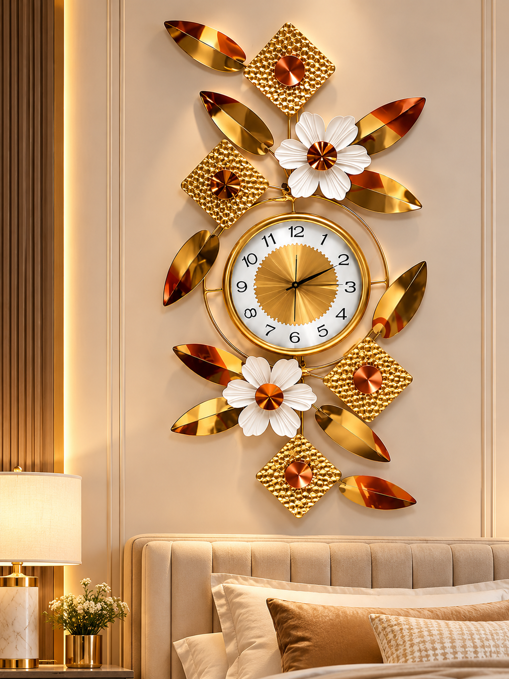 Luxury Golden & Copper Floral Wall Clock – Modern Metal Decorative Wall Art