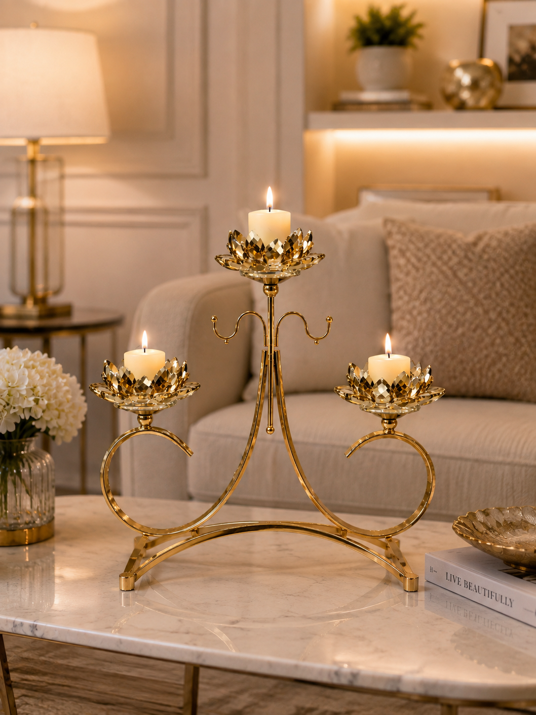 Luxury 3-Piece Crystal Lotus Candle Holder – Gold Decorative Candle Stand for Home & Dining Decor