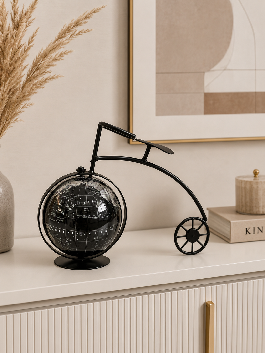 Vintage Black World Globe with Bicycle-Inspired Stand – Decorative Tabletop Globe