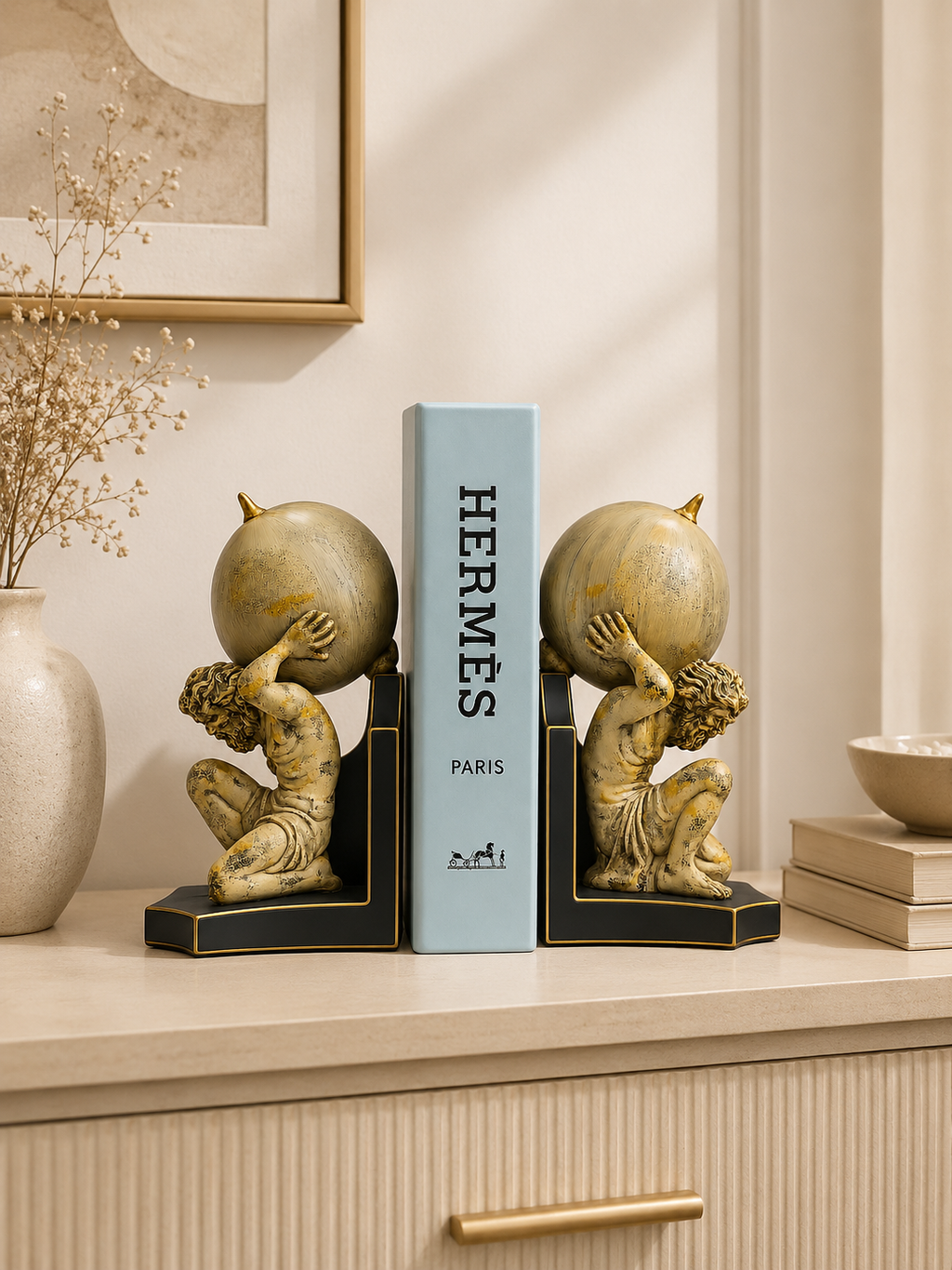 Atlas Globe Bookends – Luxury Resin Decorative Book Holder Set for Home & Office