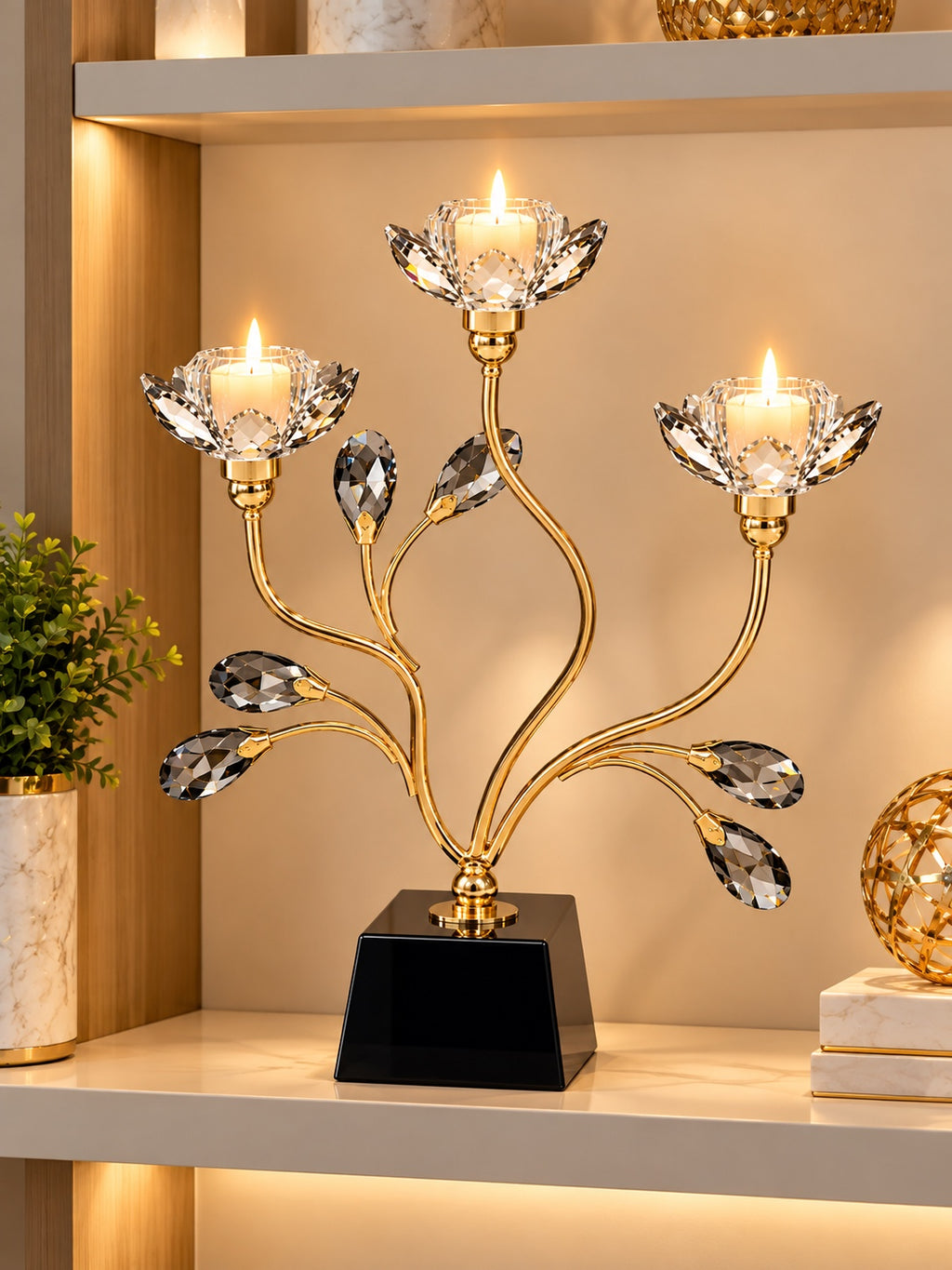 Luxury Crystal Lotus 3-Cup Candle Holder – Gold Floral Candle Stand with Black Crystal Base