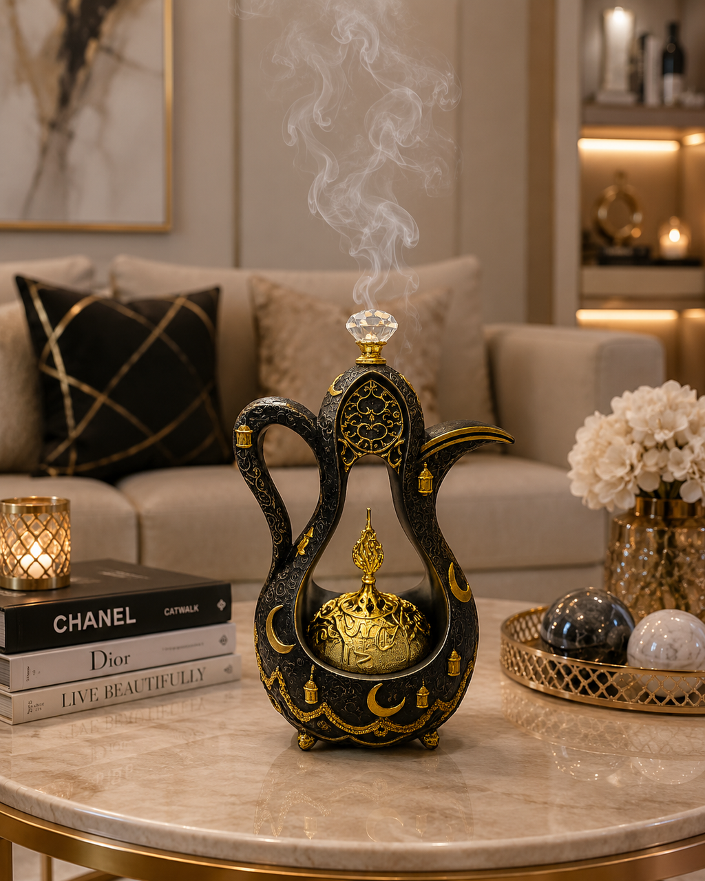Luxury Arabic Dallah Bakhoor Burner | Decorative Coffee Pot Style Mabkhara | Black & Gold Oud Incense Burner | Islamic Home Décor