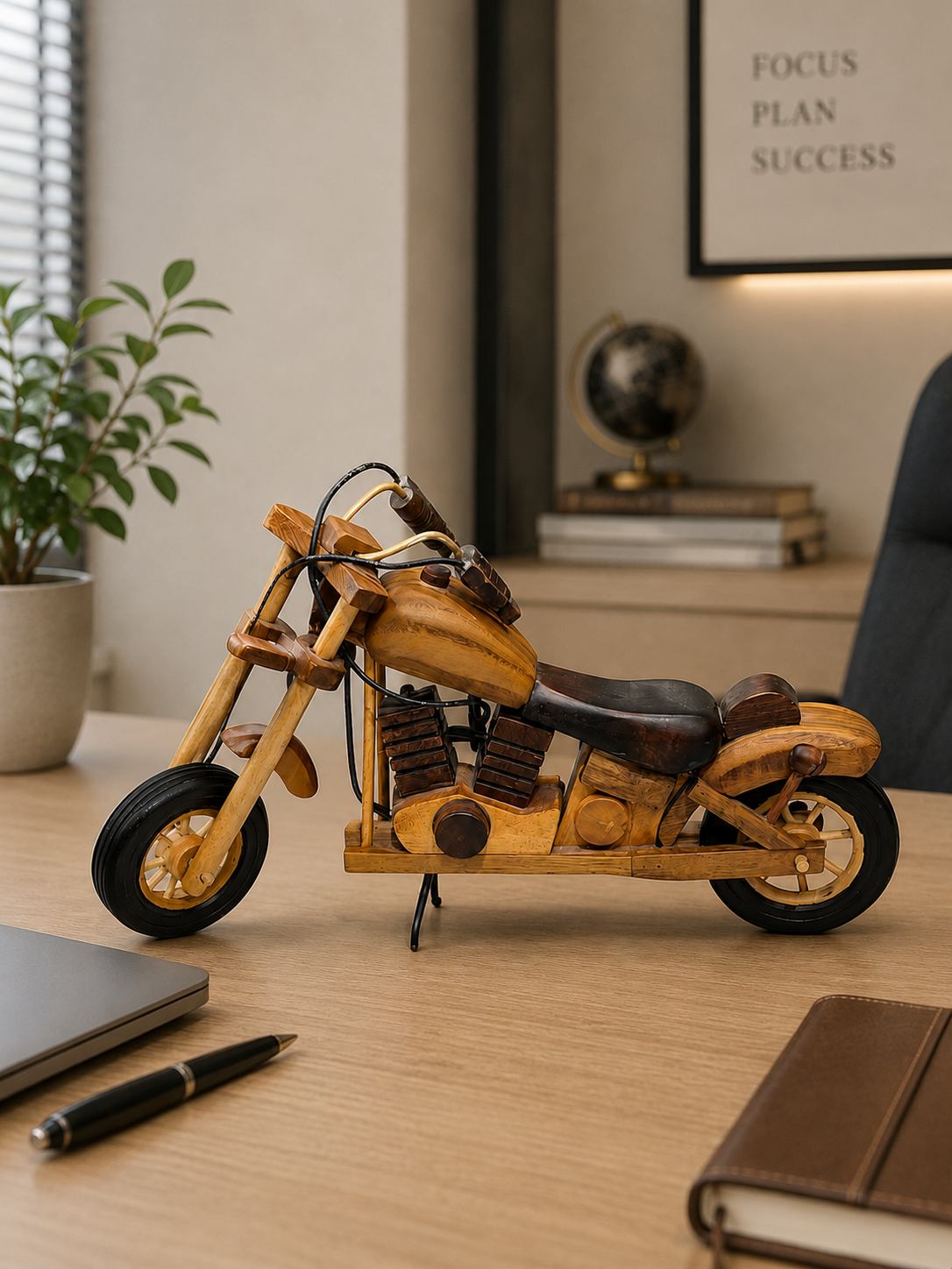 Vintage Wooden Motorcycle Decorative Showpiece – Handcrafted Style