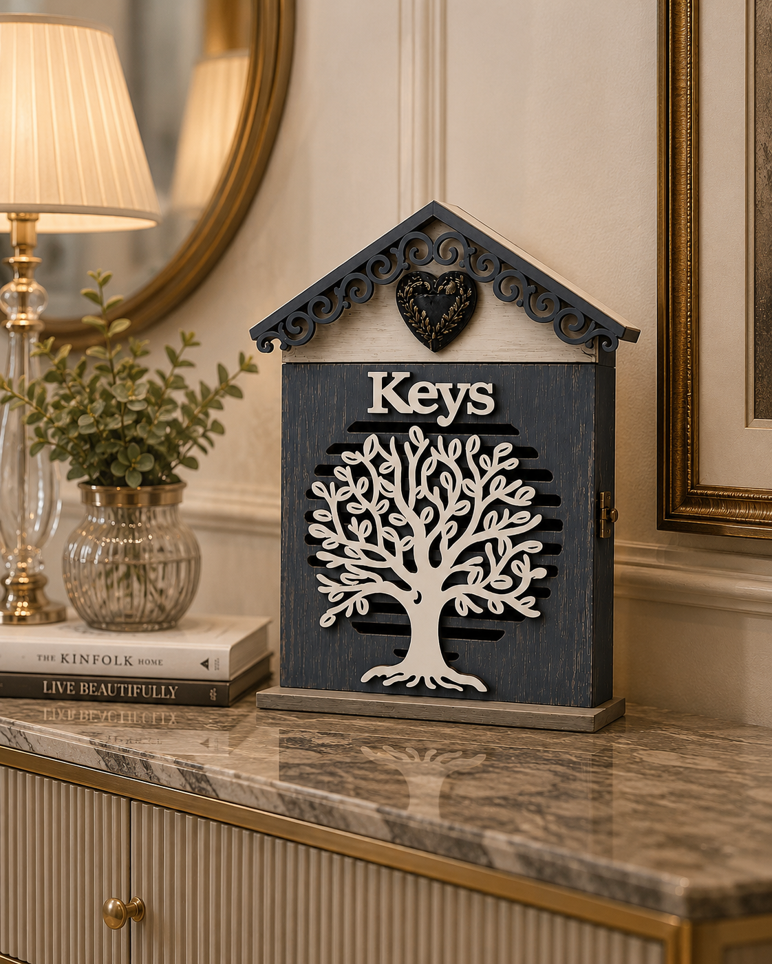 Wooden Wall Mounted Key Holder Cabinet with Tree Design | Decorative Key Storage Box for Home Entryway