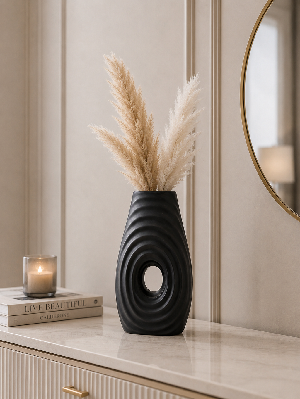 Modern Black Ribbed Decorative Vase – Sculptural Oval Accent Vase with Concentric Ring Design