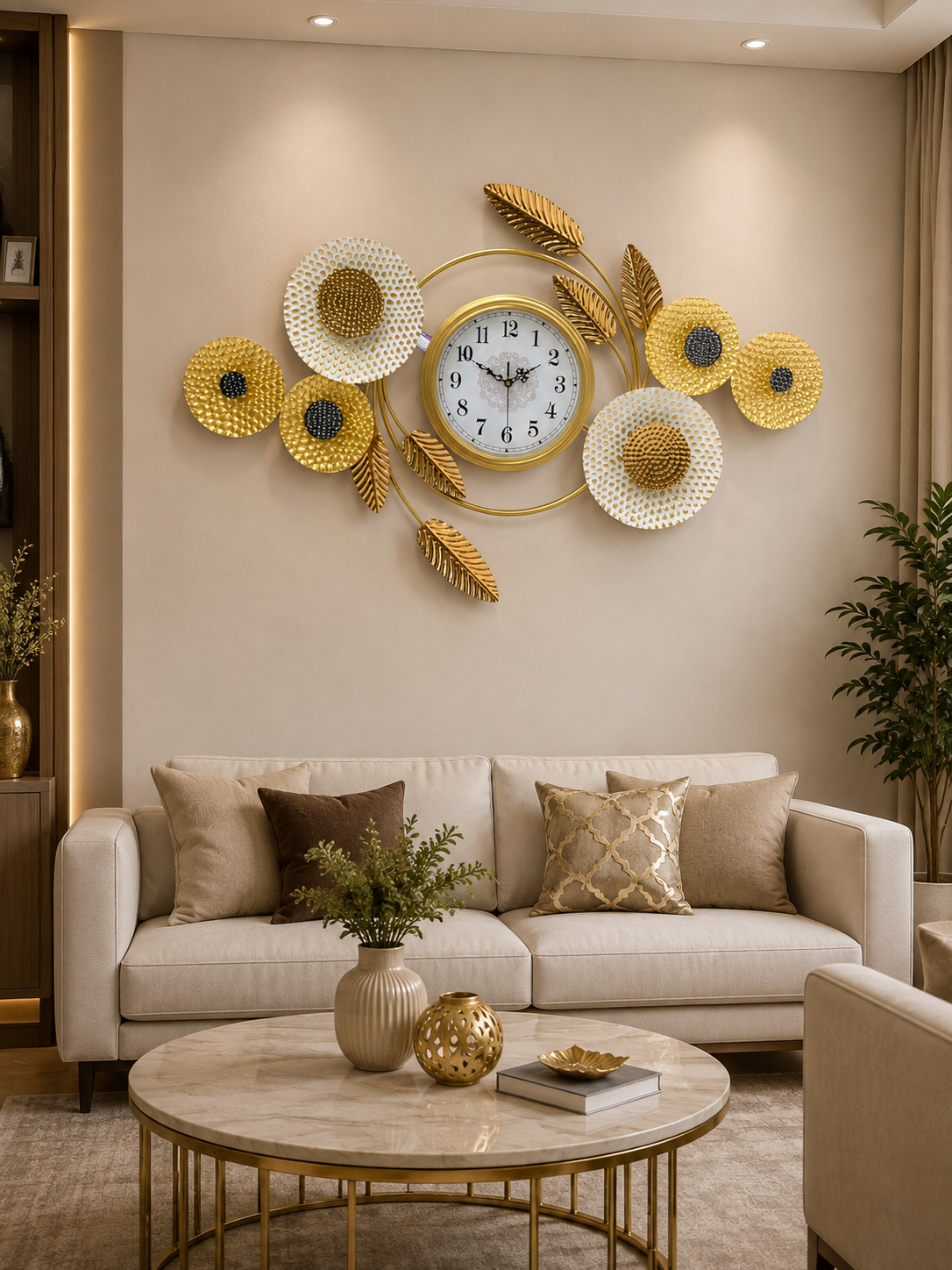 Luxury Golden Floral Wall Clock – Elegant Gold & White Flower Decorative Clock
