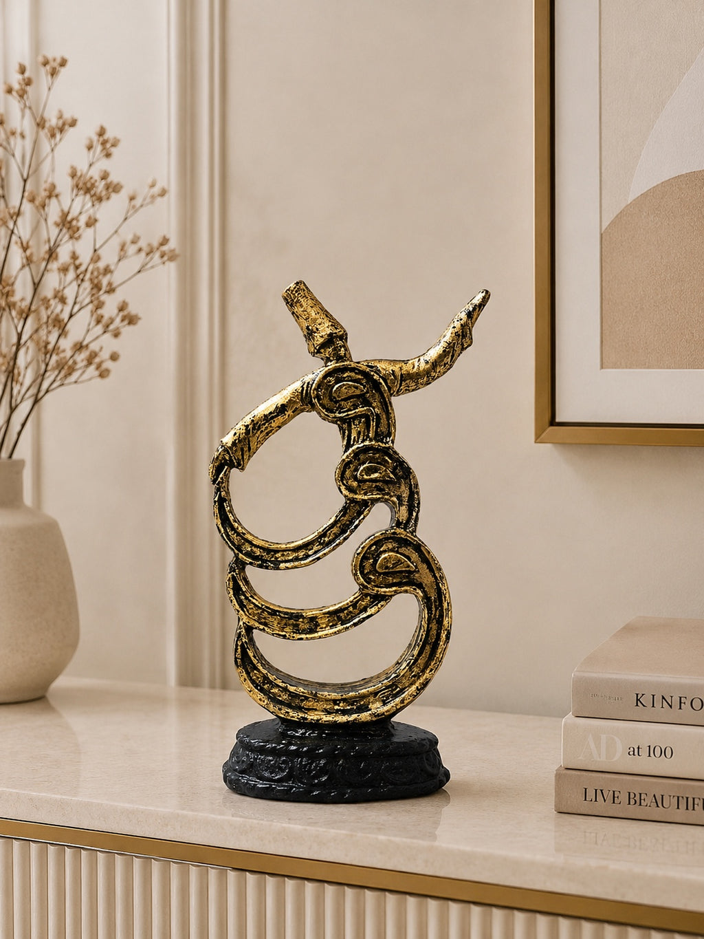 Abstract Golden Whirling Dervish Sculpture | Modern Resin Sufi Dancer Showpiece | Islamic Home Décor Statue