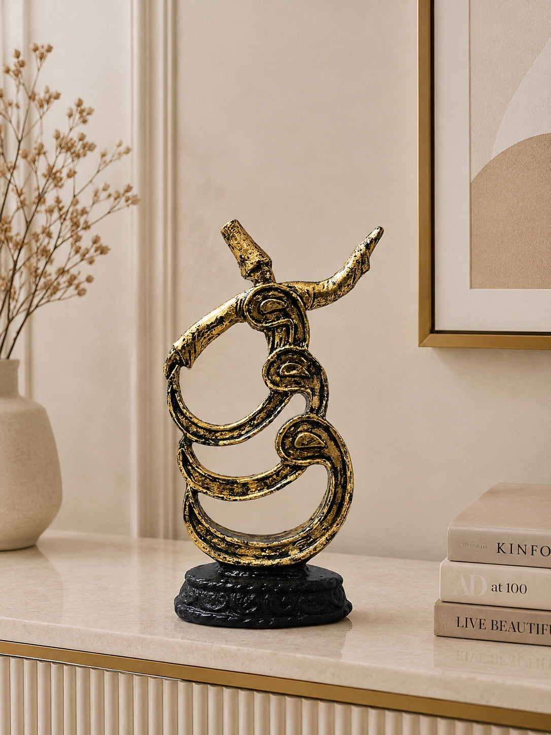 Abstract Golden Whirling Dervish Sculpture | Modern Resin Sufi Dancer Showpiece | Islamic Home Décor Statue