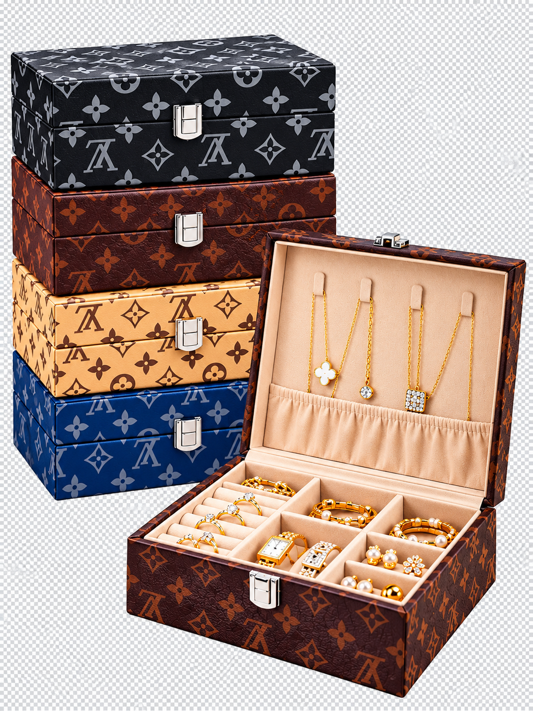 Luxury Printed Jewelry Organizer Box – Multi-Compartment Jewelry Storage Case with Necklace Holder