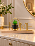 Gold HOME Letter Decorative Planter with Artificial Green Plant – Elegant Tabletop Home Decor
