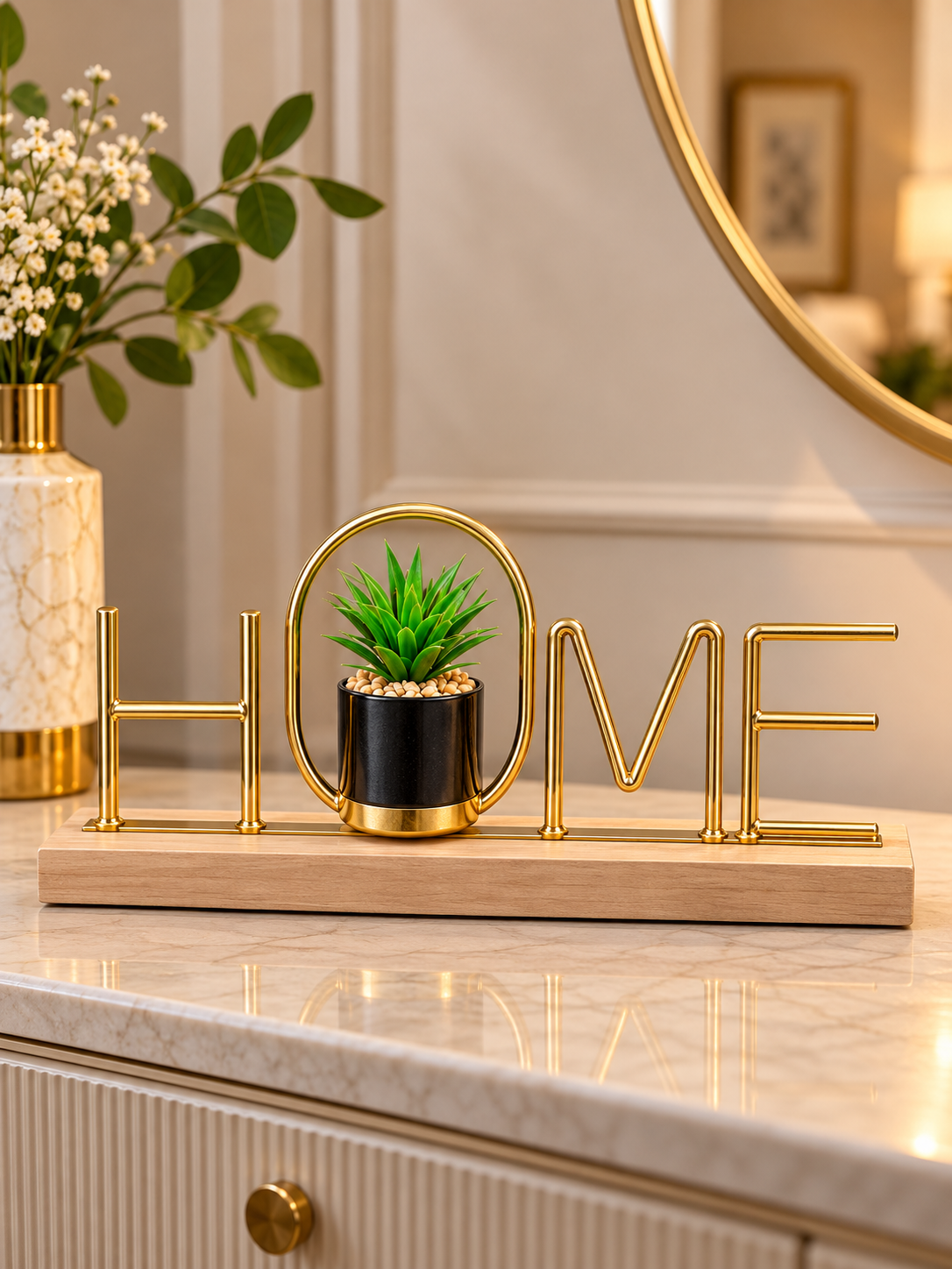 Gold HOME Letter Decorative Planter with Artificial Green Plant – Elegant Tabletop Home Decor
