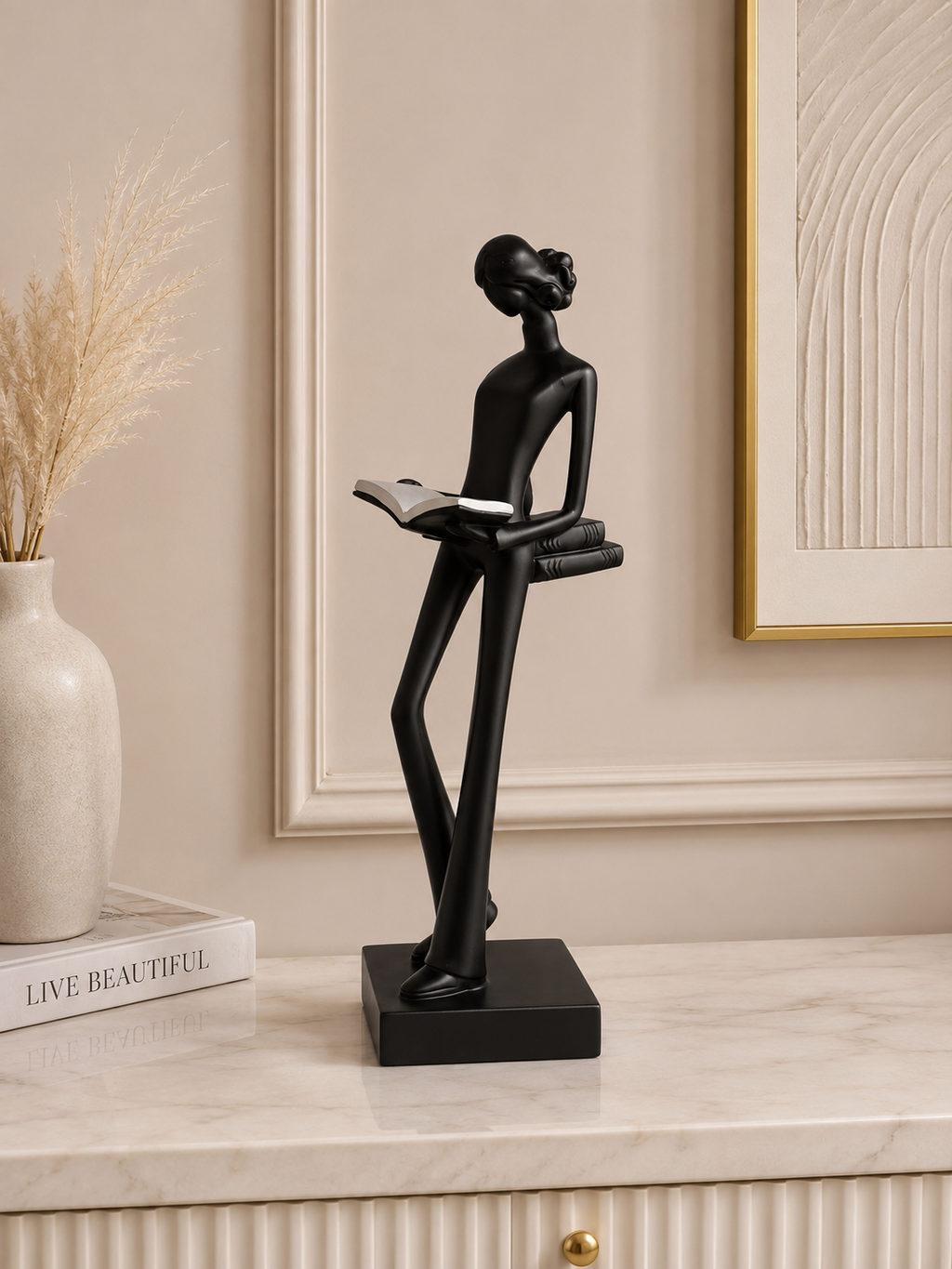 Elegant Lady Reading Book Sculpture | Modern White Resin Home Decor Figurine