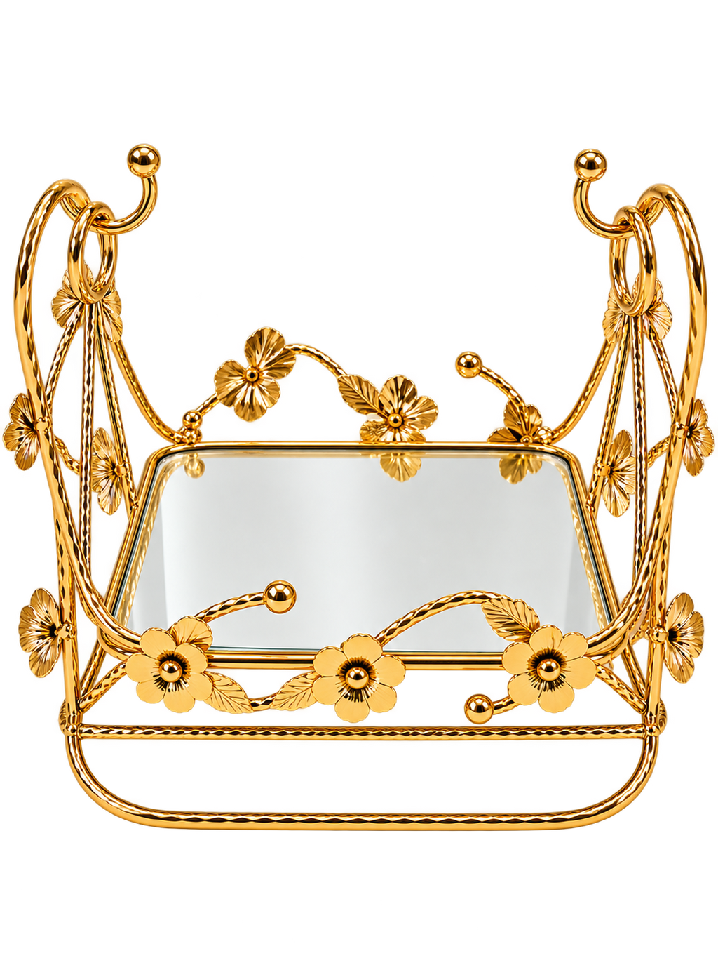 Luxury Gold Floral Mirrored Serving Tray with Decorative Handles