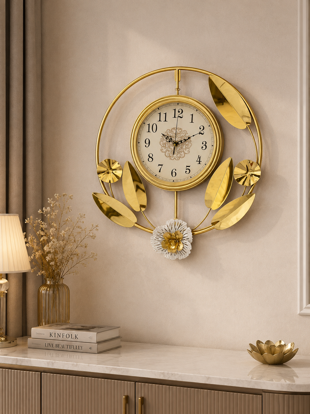 Luxury Golden Floral Leaf Wall Clock – Elegant Modern Decorative Metal Art Clock