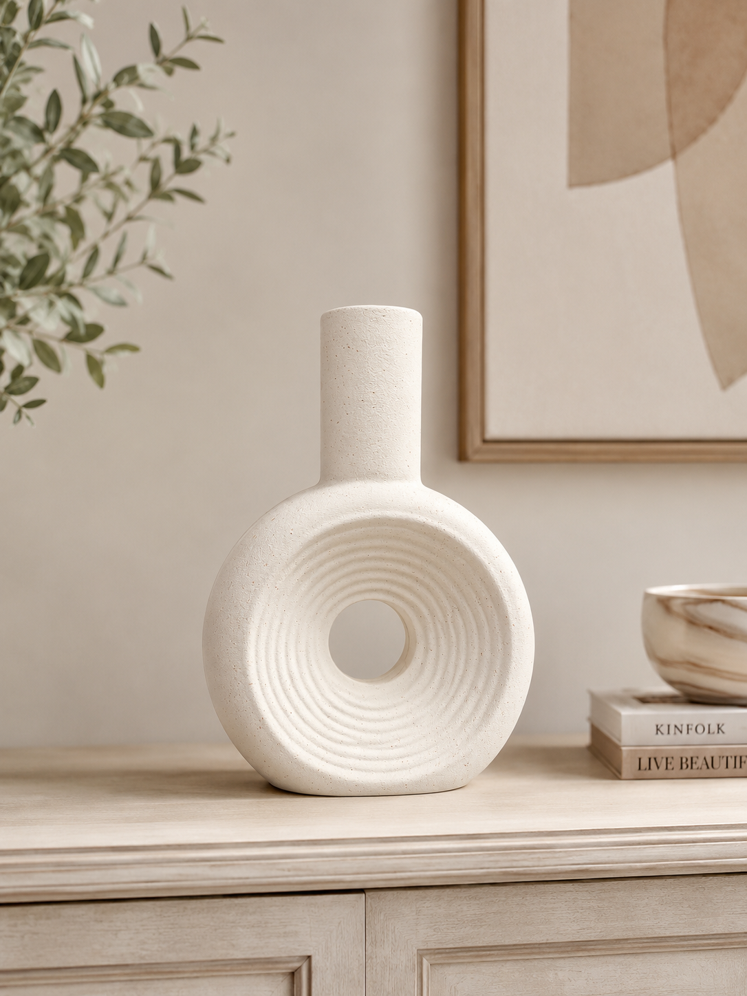 Modern Round Hollow Resin Decorative Vase – Minimalist White Flower Vase for Home & Office Décor
