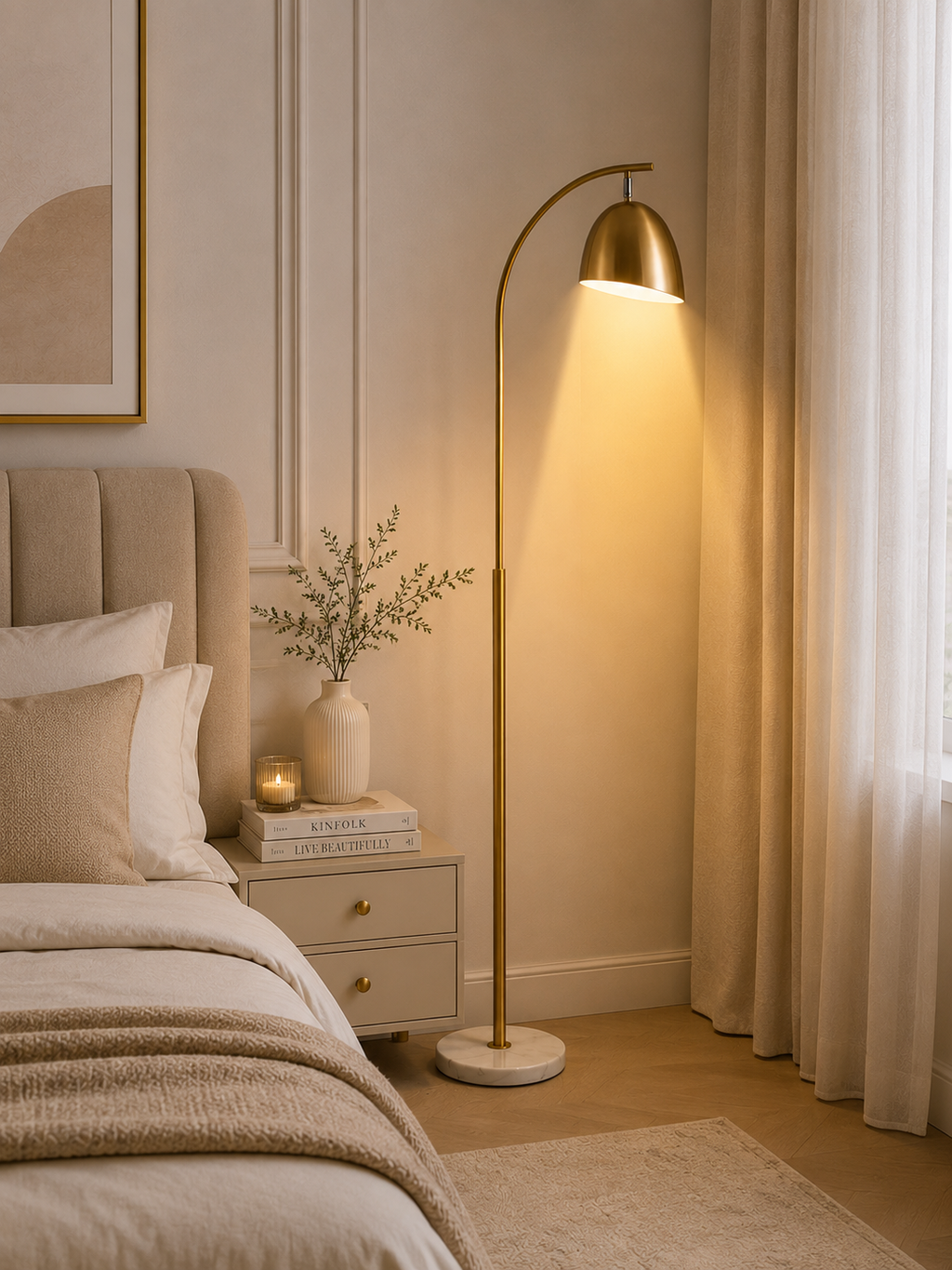 Modern Gold Metal Floor Lamp with Marble Base | Contemporary Standing Reading Lamp | Luxury Living Room & Bedroom Light