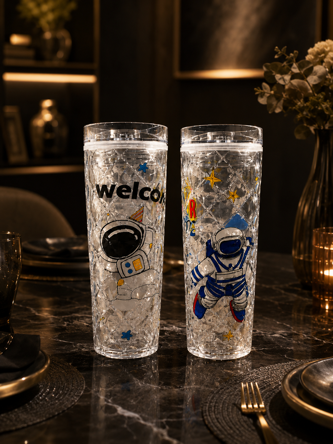 Astronaut Space Theme Diamond Textured Sipper – Clear Double-Walled Kids Tumbler