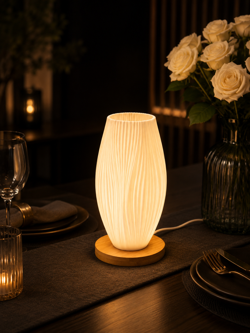 Minimalist Wavy Fiber+Wood Base Table Lamp – Modern Translucent LED Night Light