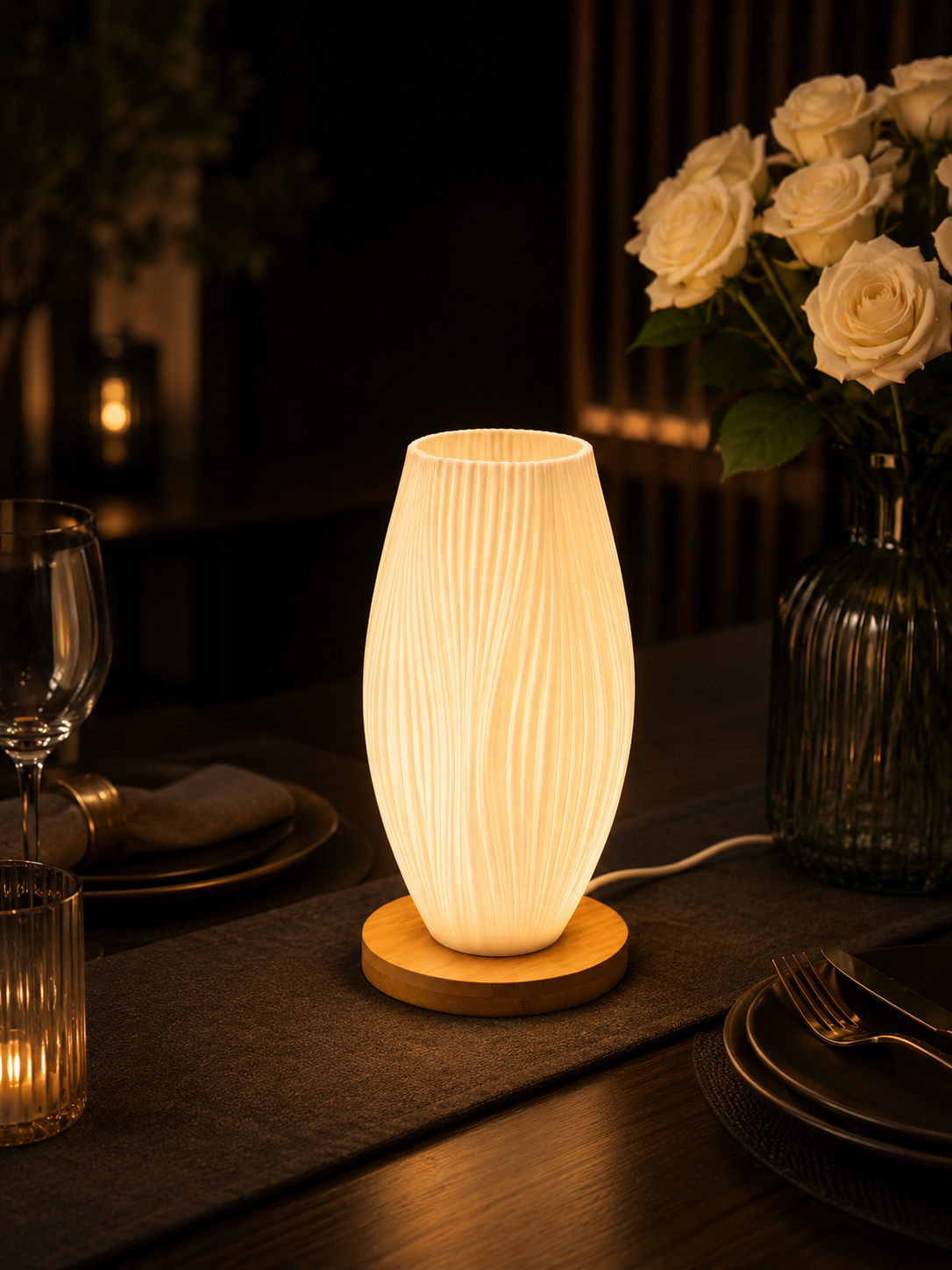 Minimalist Wavy Fiber+Wood Base Table Lamp – Modern Translucent LED Night Light