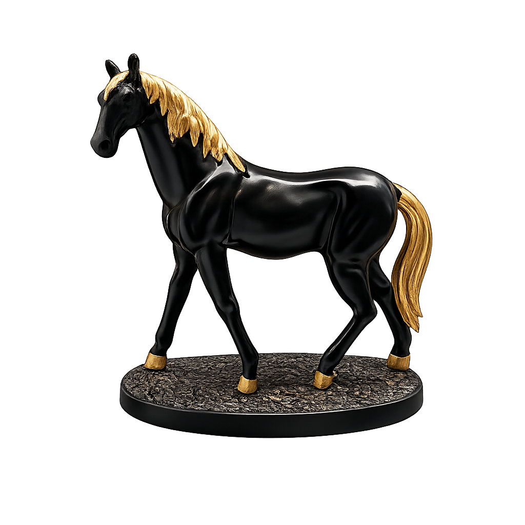 Fiber Horse Royal Walking Horse Statue – 5-Inch Premium Black & Gold Resin Art Piece For Elegant Home Decor, Office Desk & Luxury Gifting