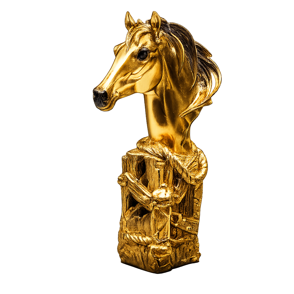 Fiber Horse "Golden Horse Face" Premium Desk Decor Accent – 5.5-Inch Luxury Metallic Gold Resin Bust Sculpture For High-End Office & Home Styling