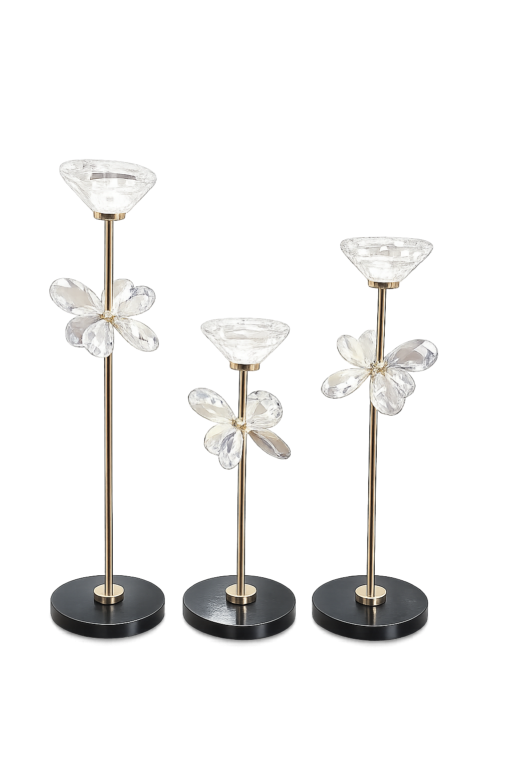 Luxury Crystal Flower Candle Holder Set (3 Pieces) | Gold & Black Decorative Taper Candle Stands