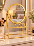 Luxury Gold Round Vanity Mirror with Jewelry Organizer Stand – Elegant Tabletop Makeup Mirror