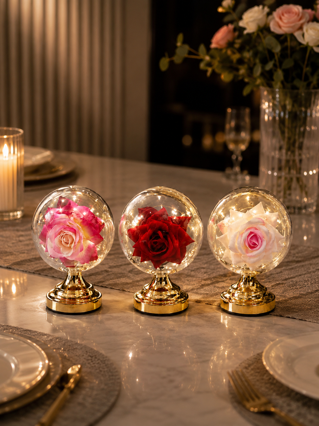 Enchanted Eternal Rose Acrylic Globe Lamp – Premium Metallic Gold Base LED Light