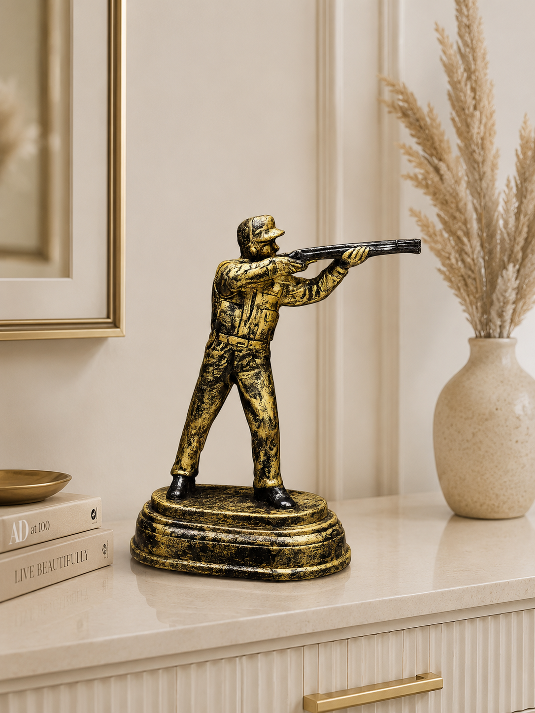 Golden Hunter Sculpture Showpiece – Vintage Rifle Shooter Resin Statue for Home & Office Décor