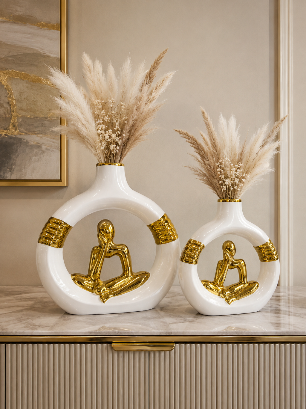 Luxury White & Gold Abstract Figure Decorative Vase Set – 2 Pieces