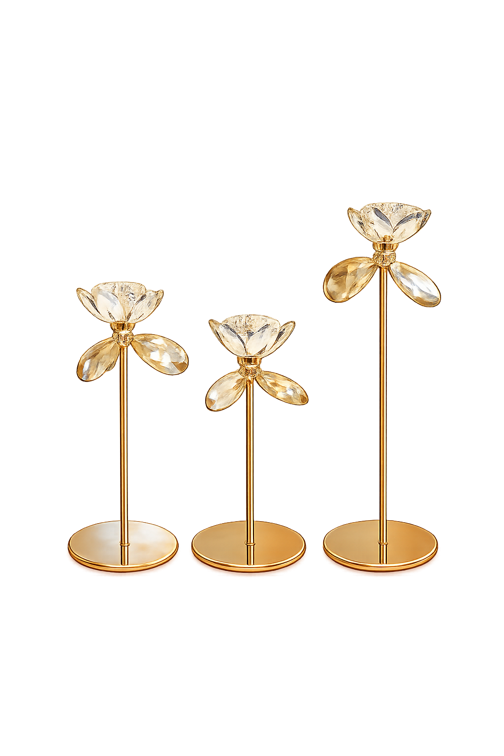 3-Piece Crystal Flower Gold Candle Holder Set – Elegant Metal Taper Candle Holders for Home Décor