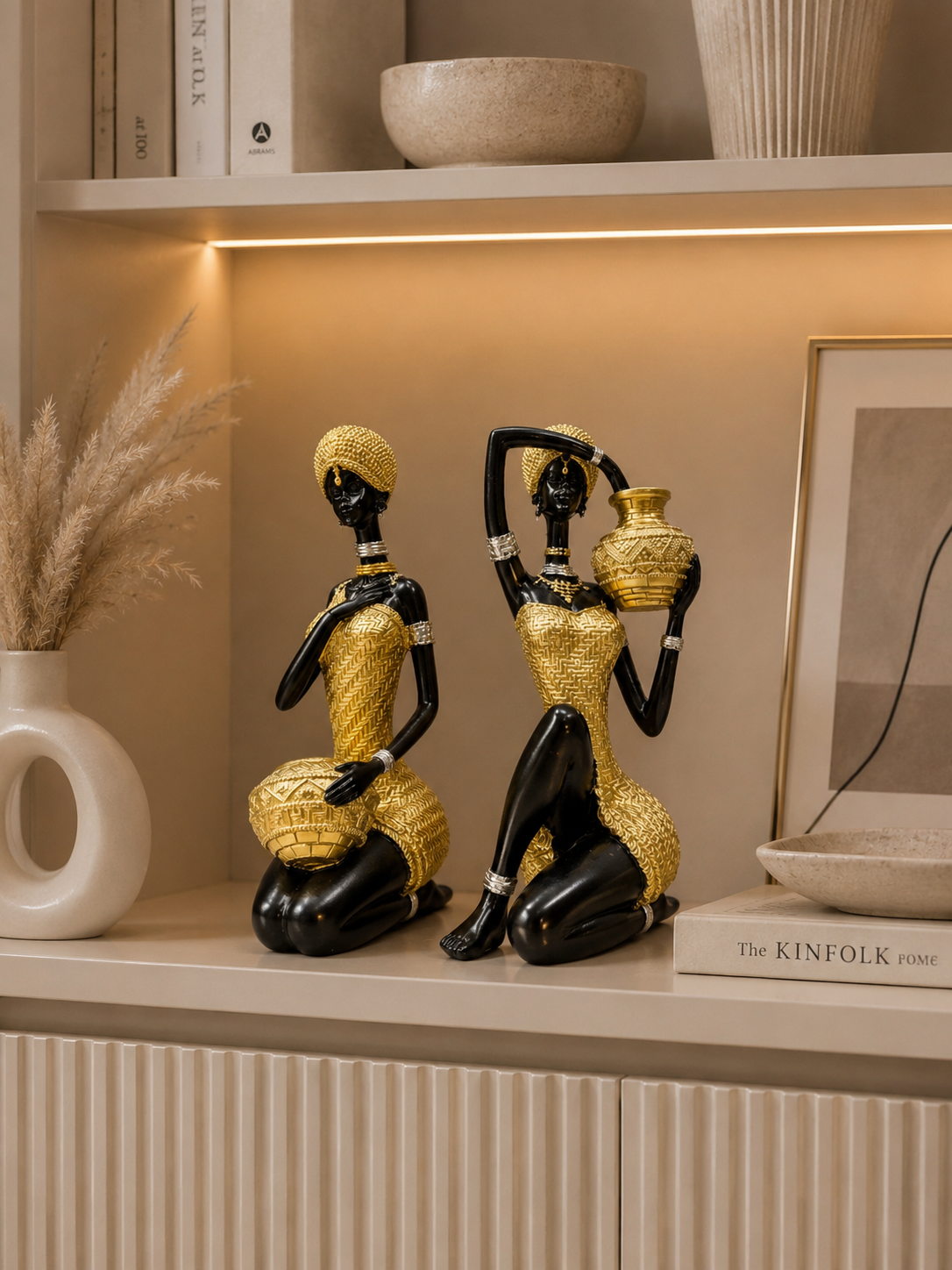 African Lady Resin Sculpture Set | Luxury Black & Gold Tribal Figurines | Modern Home Décor Showpieces (Set of 2)
