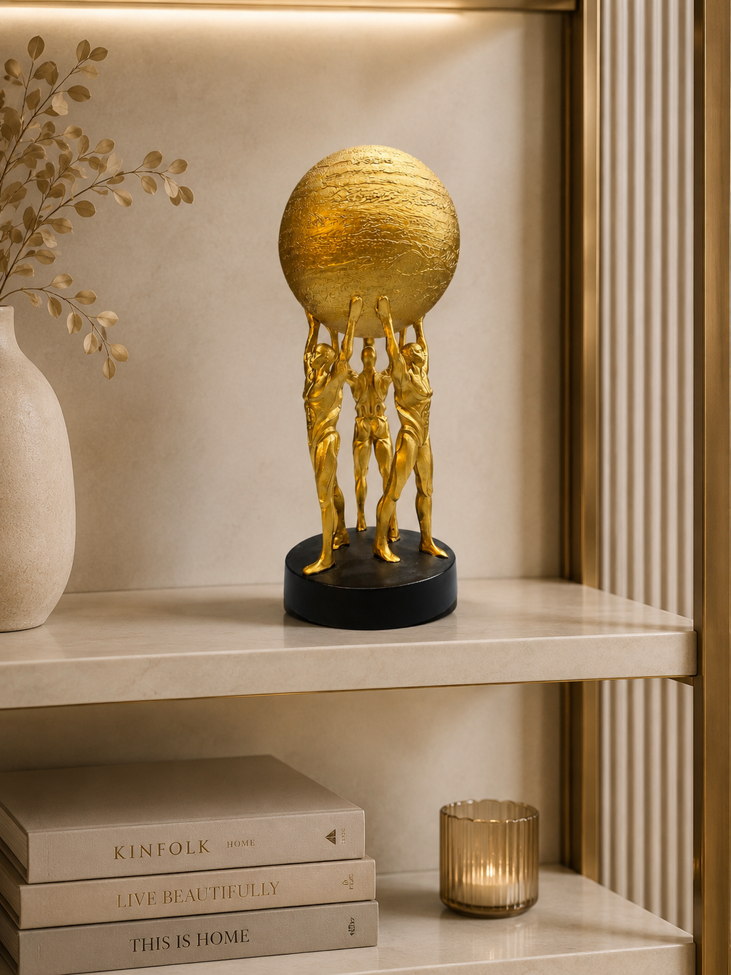 Golden Atlas Team Sculpture Showpiece – Resin Globe Figurine for Home & Office Décor