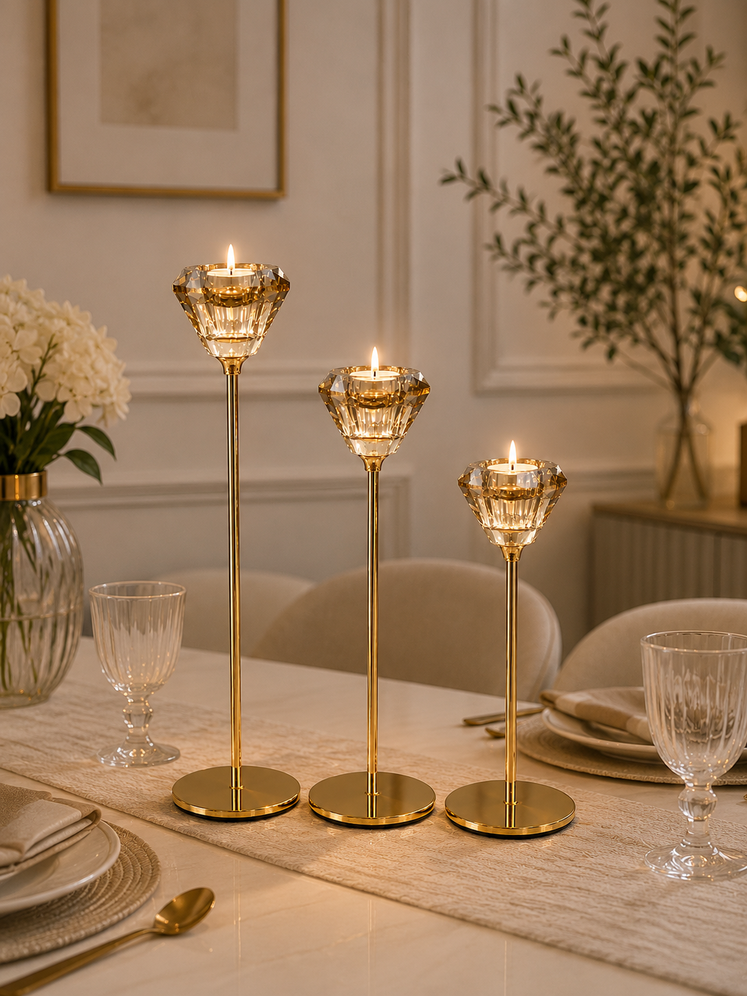Luxury Crystal Tulip Candle Holder Set of 3 – Gold Metal & Crystal Glass Taper Candle Stand