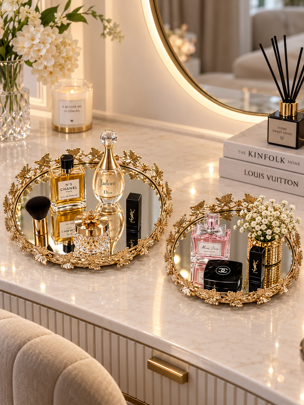 Luxury Gold Floral Mirrored Tray Set of 2 – Elegant Decorative Vanity & Serving Trays