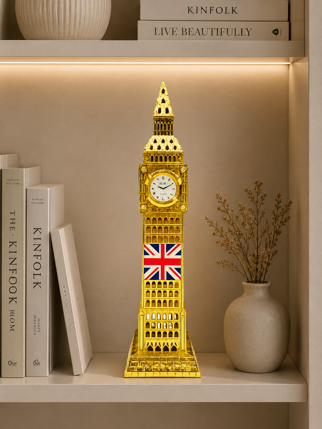 Luxury Big Ben Tower Clock Statue – Gold Decorative Table Clock with Union Jack Design