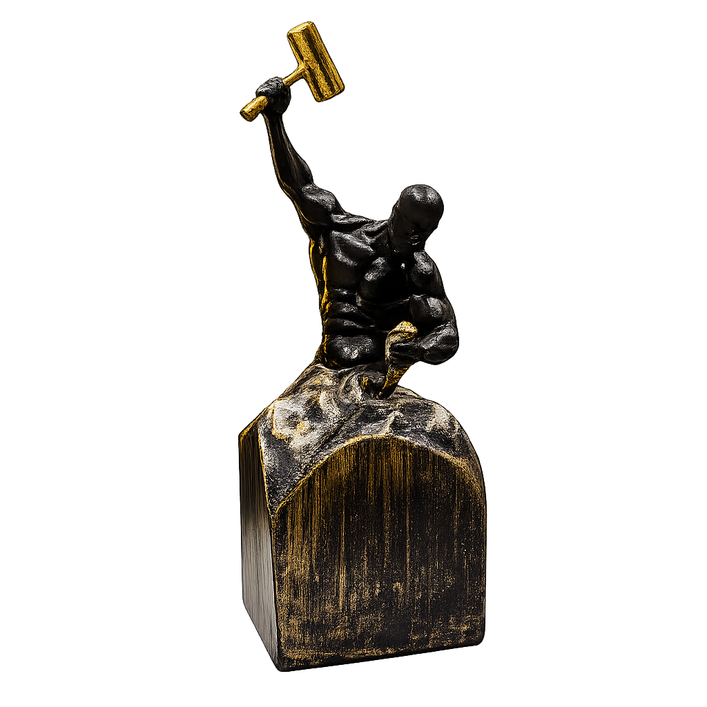 Strength & Determination Resin Sculpture – Modern Abstract Warrior Statue with Hammer (Black & Gold)