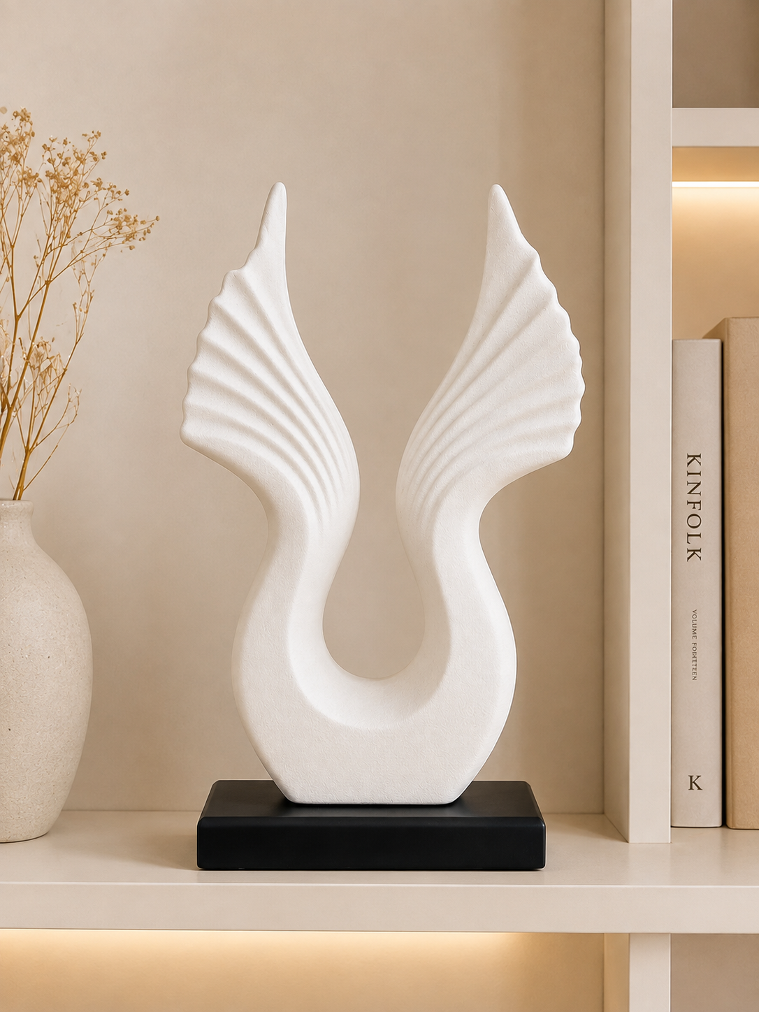 Modern White Angel Wings Decorative Sculpture with Black Base
