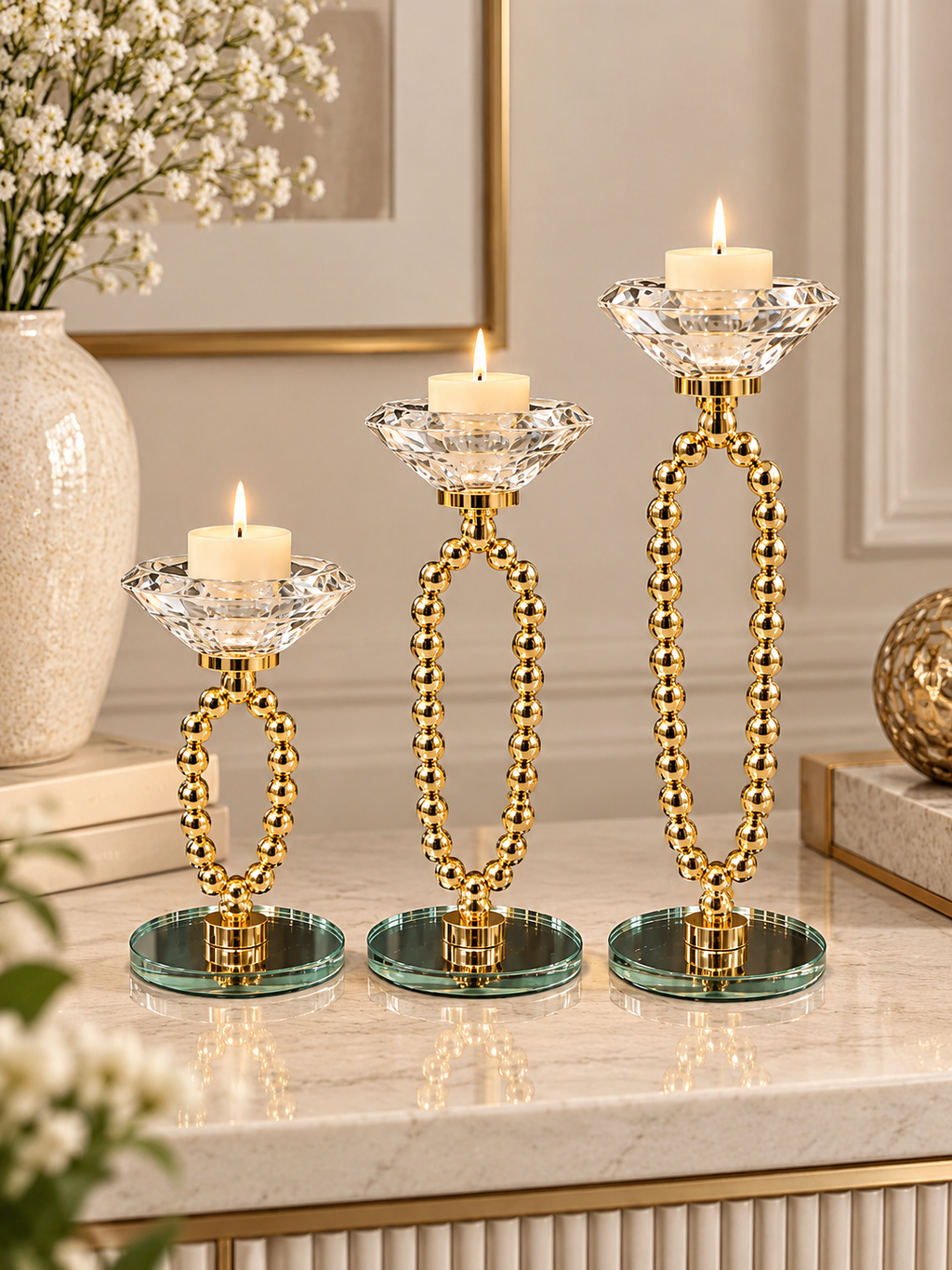 Luxury Gold Beaded 3-Piece Candle Stand Set with Crystal Holders