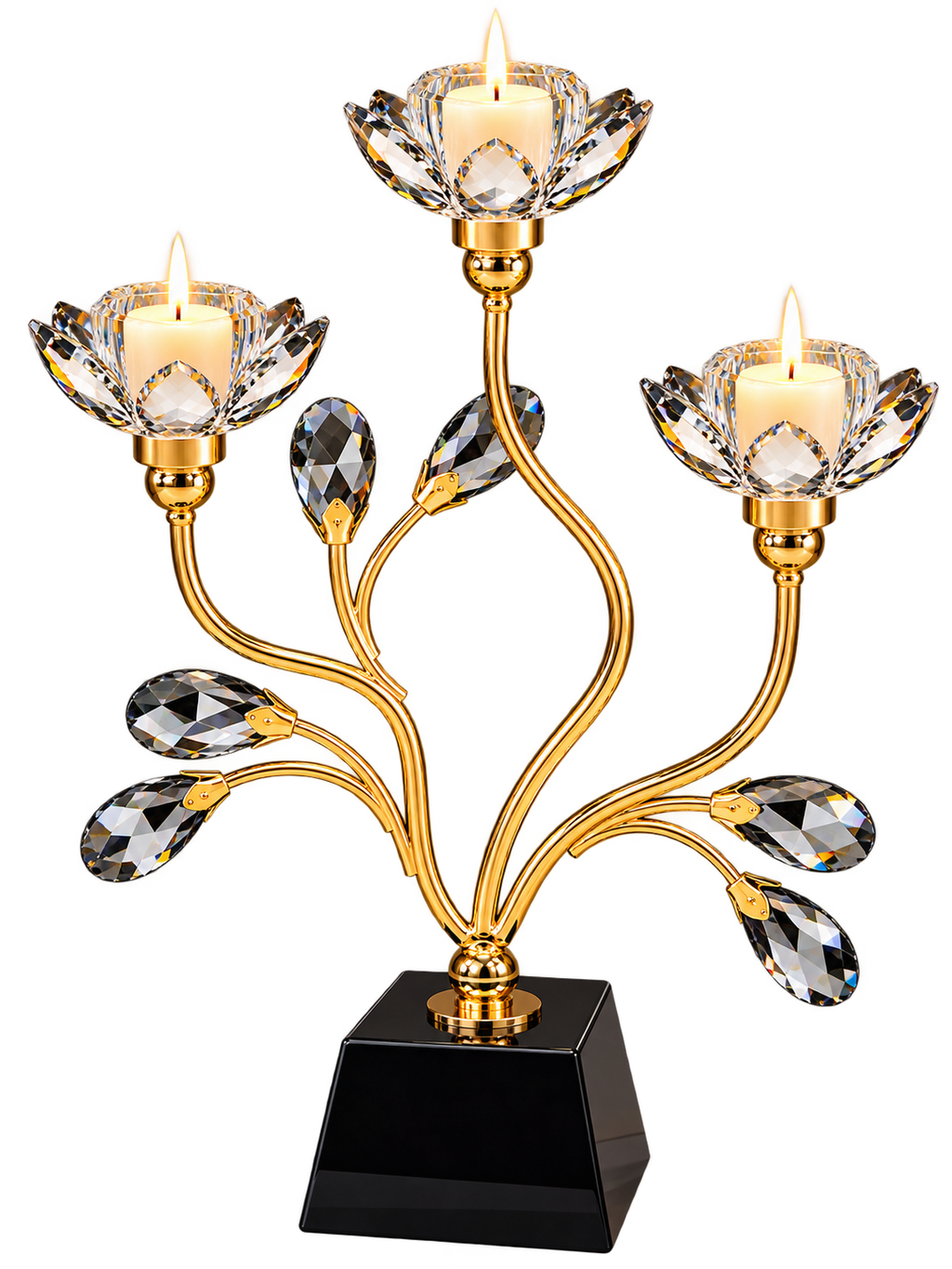 Luxury Crystal Lotus 3-Cup Candle Holder – Gold Floral Candle Stand with Black Crystal Base